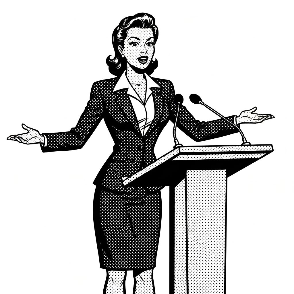 Black and white cartoon illustration of a professional woman speaking at a podium